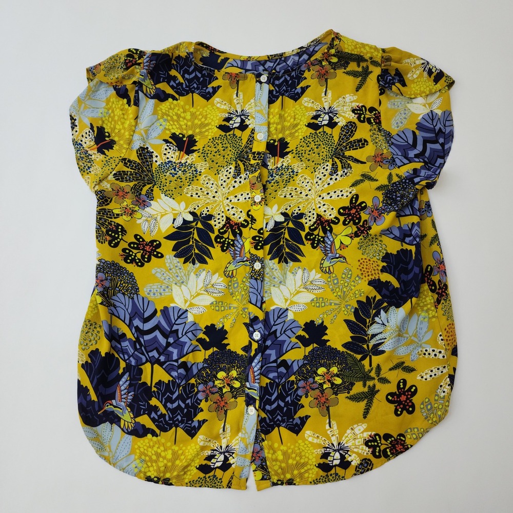 Yellow Tropical Hummingbird Print Flutter Sleeve Button Front Blouse Top‎